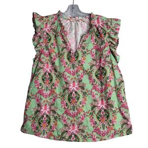 Soft Surroundings‎ Paige Linen Blend Top Womens M Green Floral Ruffle Boho Beach